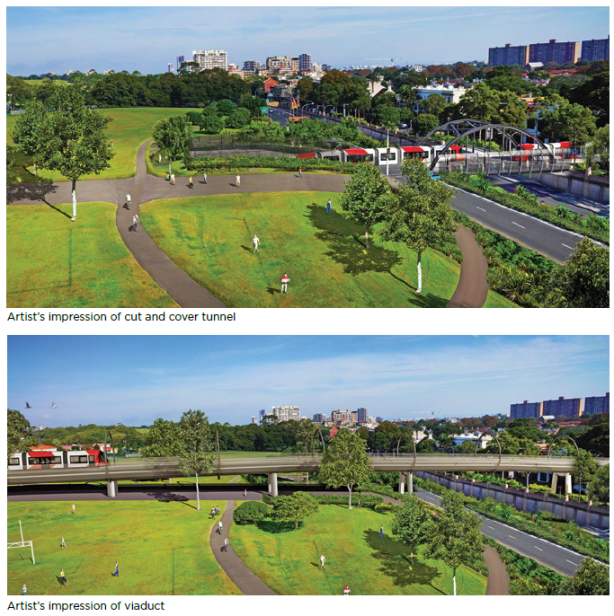 The two options for crossing South Dowling Street are a cut and cover tunnel (top) or a viaduct (bottom). Click to enlarge. (Source: Transport for NSW)