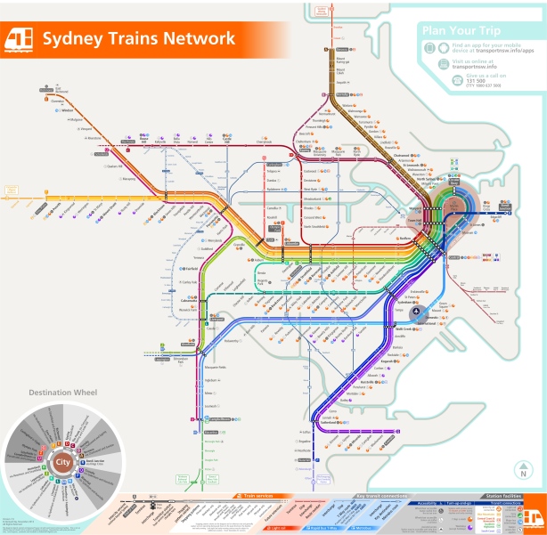 This map shows the Sydney network as proposed for 2020, with new rail lines in the outer suburbs and new light rail in the inner city. It also displays major bus routes. Click to enlarge. (Source: Bernie Ng.)