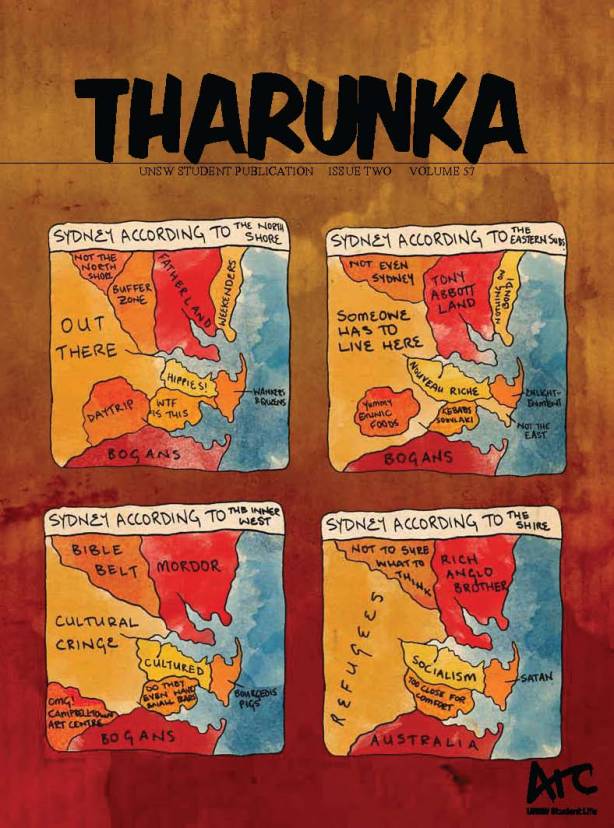 Sydney from the perspective of different parts of Sydney. Front cover of Tharunka, the UNSW student newspaper. Click to enlarge. (Source: Unknown)