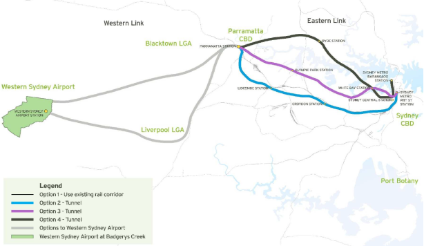 Potential alignments for a fast rail connection from Parramatta to a Western Sydney Airport at Badgeries Creek and the Sydney CBD. Click to enlarge. (Source: Parramatta City Council, Western Sydney Airport Fast Train - Discussion Paper, page 12.)