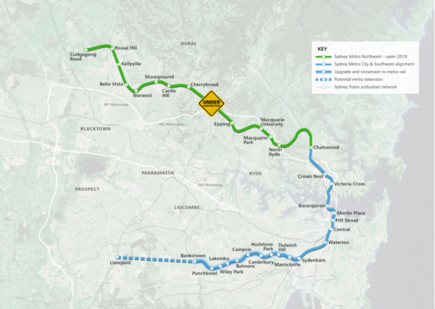 The proposed Southern extension of Sydney Metro would see the line extended from the currently planned terminus at Bankstown out to Liverpool. Click to enlarge. (Source: Transport for NSW.)